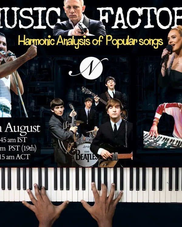 In our "Music Factory" workshops, we perform harmonic analysis of popular songs from artists like The Beatles, Adele, and Queen. We explore unique music theory concepts like the "Something" chord progression, the Andalusian Cadence, and whole-tone scalar motion to reveal the genius behind the hits.