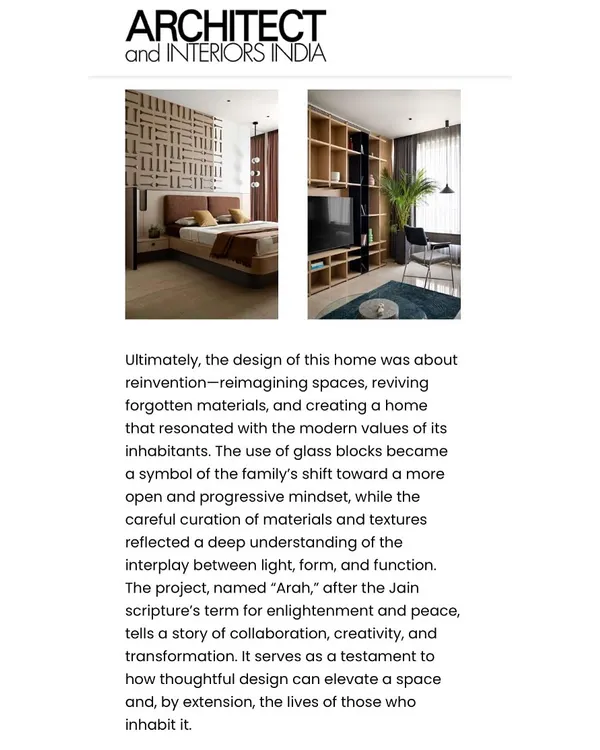 Our 'ARAH' project was featured in Architect and Interiors India. The article highlights how we used forgotten materials like glass blocks to create a home that resonates with modern values.