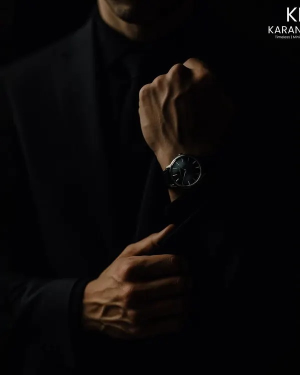 A moody, atmospheric shot capturing the essence of my brand. The focus on the cuff and watch speaks to the details that define a gentleman's style.
