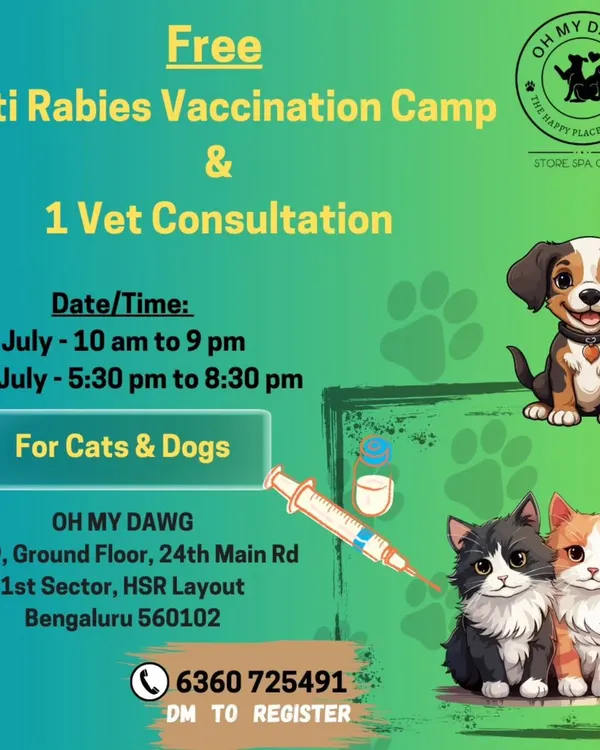 We believe that preventive health is a gift. This poster announces our free anti rabies vaccination camp for both cats and dogs, including a complimentary vet consultation. It's one of the ways we serve our local pet community.