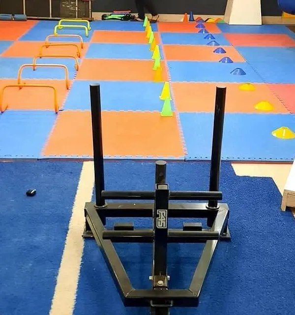 This is where we build real-world power. Our turf track is set up for athletic conditioning with equipment like the power sled, agility hurdles, and cones to improve your speed and explosive strength.