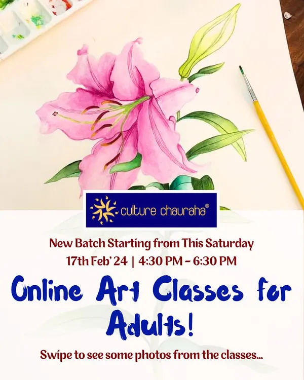 Ready to start your art journey? Our online classes for adults are designed for complete beginners and those looking to brush up on their skills. This announcement features a beautiful lily painted with watercolors, a typical project from our foundation course.
