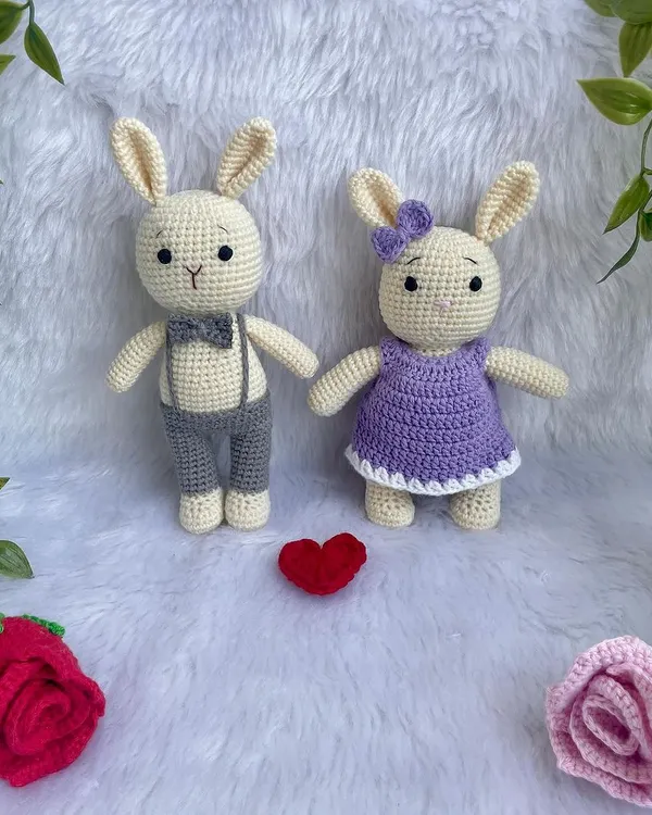 This adorable bunny couple is one of my best sellers. The boy bunny has a little bow tie and suspenders, and the girl bunny has a pretty purple dress. They make a perfect gift for couples or loved ones.