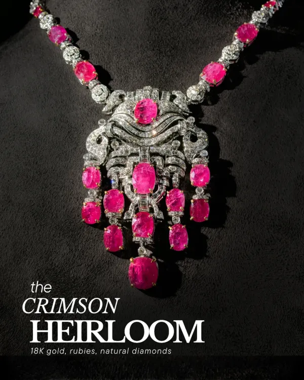 This is The Crimson Heirloom, a testament to what we believe jewellery should be: bold, unforgettable, and rich with story. Crafted in 18K gold, this necklace features a cascade of natural rubies and diamonds, designed not just to be worn, but to be inherited. It’s a modern heirloom that commands presence.