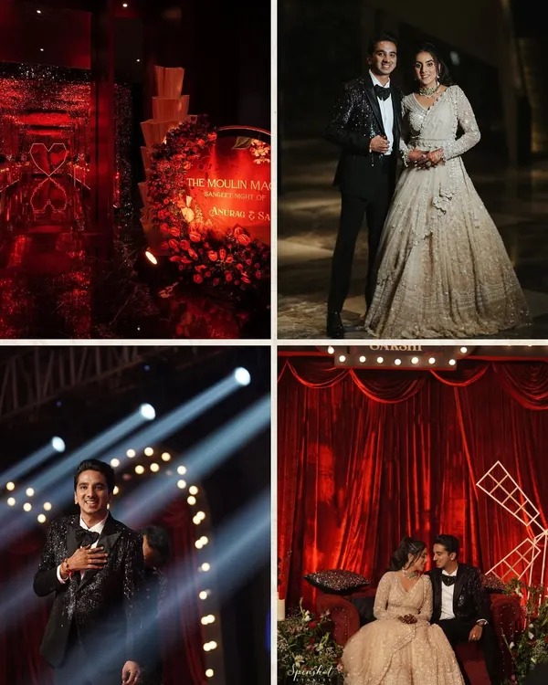 A Sangeet with a Moulin Rouge theme. We used rich red velvet drapes, dramatic lighting, and a grand stage to create a night of theatrical romance and high-energy performances.
