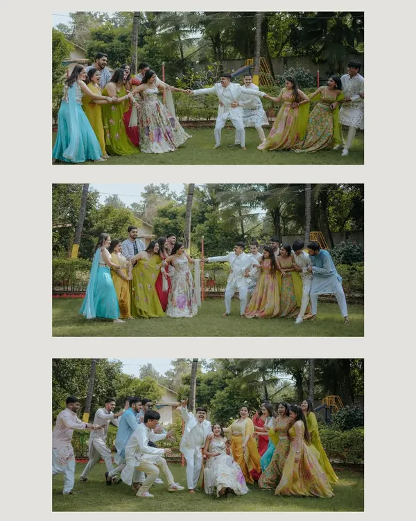A playful tug of war between the bride's side and the groom's side. This fun-filled collage captures the joy and friendly competition between friends and family.