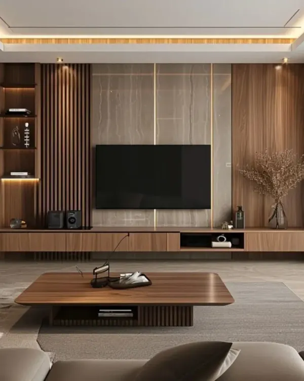 This modern TV unit features a full wall of wood paneling with vertical fluting and integrated shelving, creating a warm and sophisticated media center.