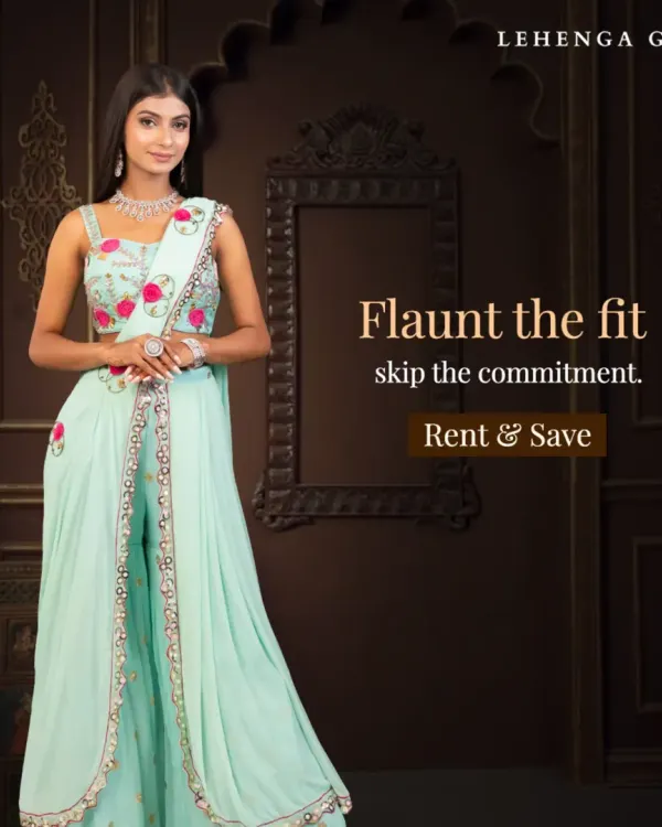 Flaunt the fit, skip the commitment. This mint green Indo-western outfit features pants with a draped overlay, beautifully embroidered for a modern yet traditional feel. It's a perfect rental for a mehendi or sangeet.