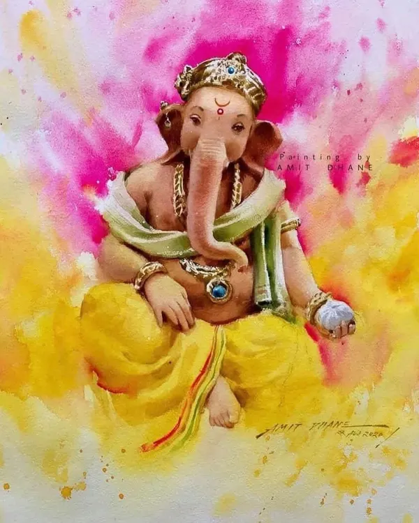 A watercolour painting of Ganpati Bappa, created to celebrate the joy and devotion of the Ganesh festival. The vibrant colours and serene expression are meant to bring blessings and positivity.