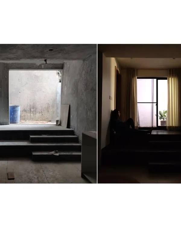 A before-and-after comparison of a bedroom nook. On the left is the raw construction, and on the right is the finished, tranquil space. This shows the transformation from a concrete shell to a peaceful retreat.