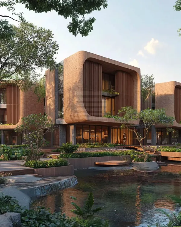 A render of our Kanakapura project, which proposes a harmonious blend of contemporary design and sustainable building practices. The use of natural materials like mud block and the integration of water bodies exemplify our commitment to eco-friendly architecture.