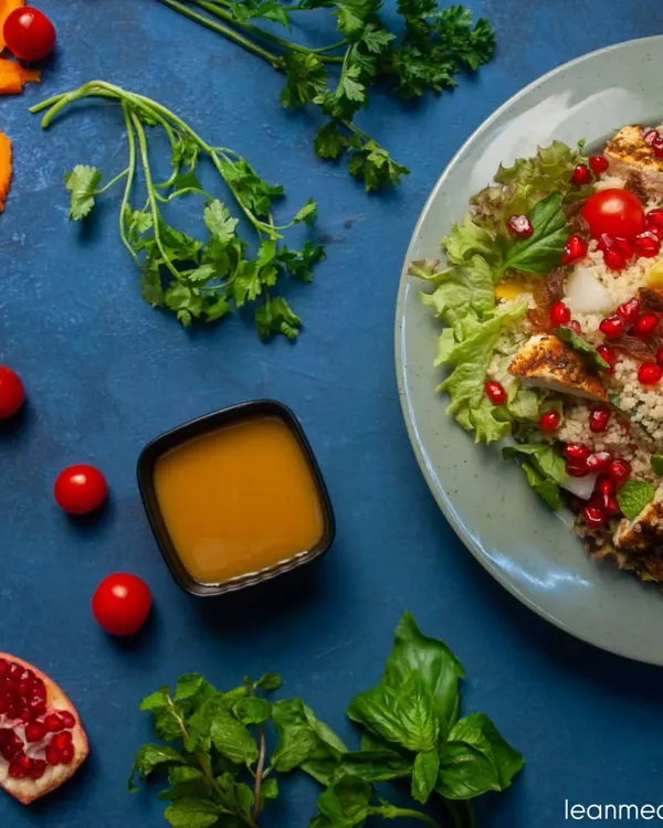 Our Couscous Salad is a perfect, light-yet-filling meal. This top-down view shows the vibrant mix of fluffy couscous, juicy pomegranate seeds, fresh herbs, and grilled chicken, served with a zesty dressing on the side.