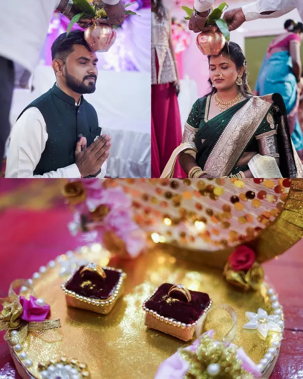 A collage from an engagement ceremony, showing the couple during the puja and a close-up of the beautifully presented engagement rings.