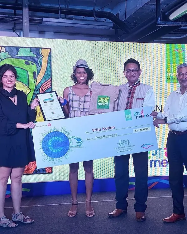 A proud moment being felicitated by Mumbai Metro for winning second prize in the Majhi Metro Art competition. This award gave me the incredible opportunity to have my artwork displayed on trains and to paint an entire station.