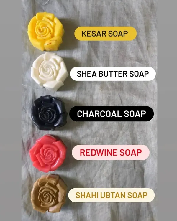 Here is a selection of my handmade soaps, each targeting a different need: Kesar for glow, Shea Butter for moisture, Charcoal for deep cleansing, Red Wine for anti-aging, and Shahi Ubtan for exfoliation.