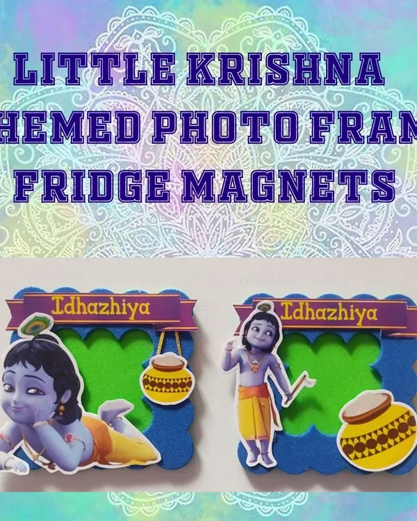 Here are two designs for the Little Krishna themed photo frame magnets I offer. They are a wonderful return gift for first birthdays or Janmashtami celebrations, and I can add a child's name for a personal touch.