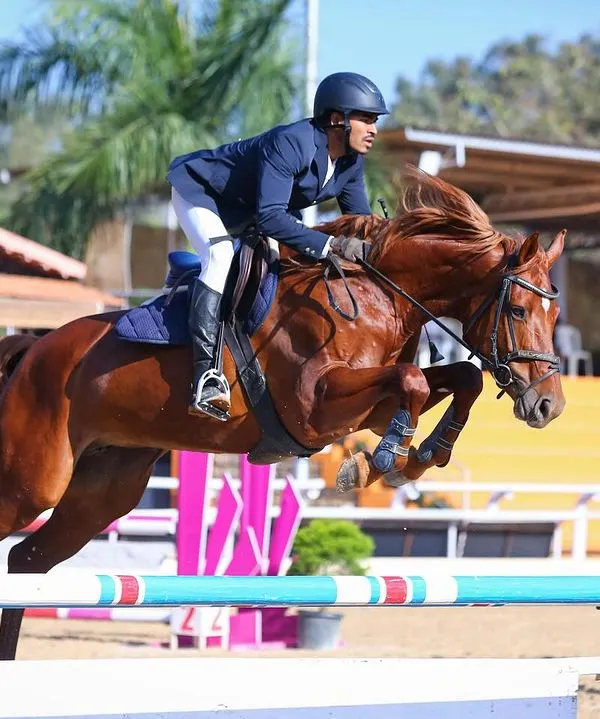 This is the essence of competitive show jumping. We train our riders and horses to achieve this level of power, grace, and perfect form over the fence.