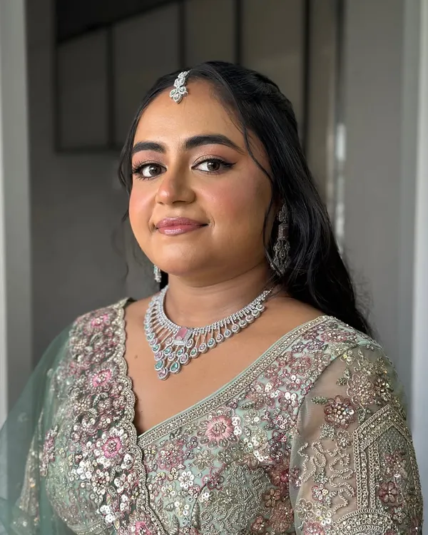 A beautiful close-up of my bride Vrushali for her engagement, featuring soft glam makeup.