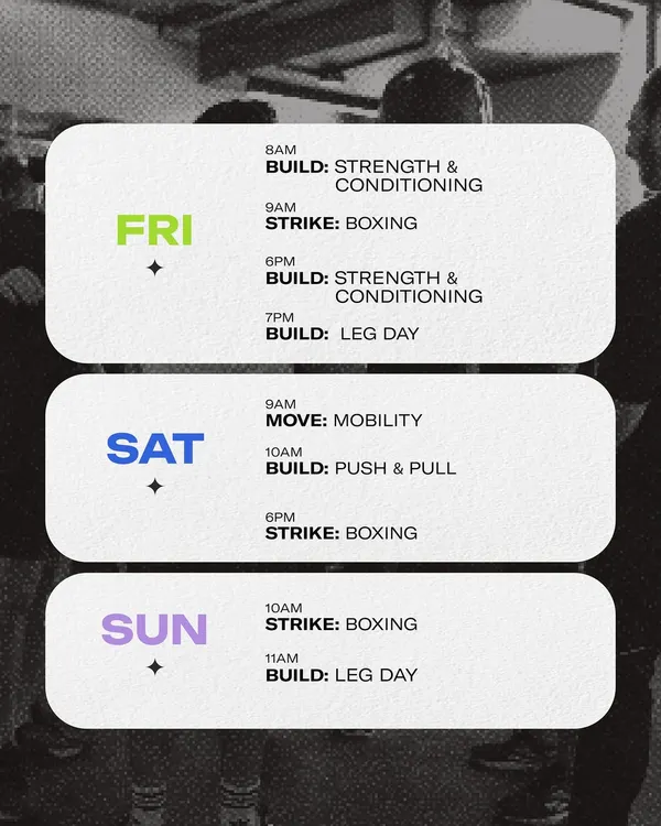 A look at our weekend schedule for September. We pack our Fridays, Saturdays, and Sundays with classes like Strength & Conditioning, Boxing, Mobility, and Leg Day.
