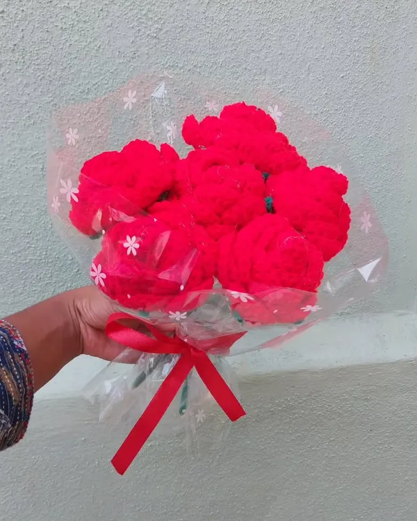 A beautiful bouquet of six handmade crochet roses, wrapped and ready for gifting. This is a wonderful alternative to real flowers for anniversaries, birthdays, or just because.