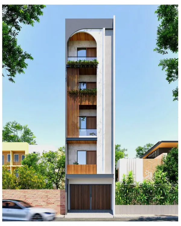 A front elevation designed for a narrow 15-foot plot in West Delhi. The design uses vertical elements, including wood-textured panels and an arched feature on the top floor, to create a sense of height and elegance.