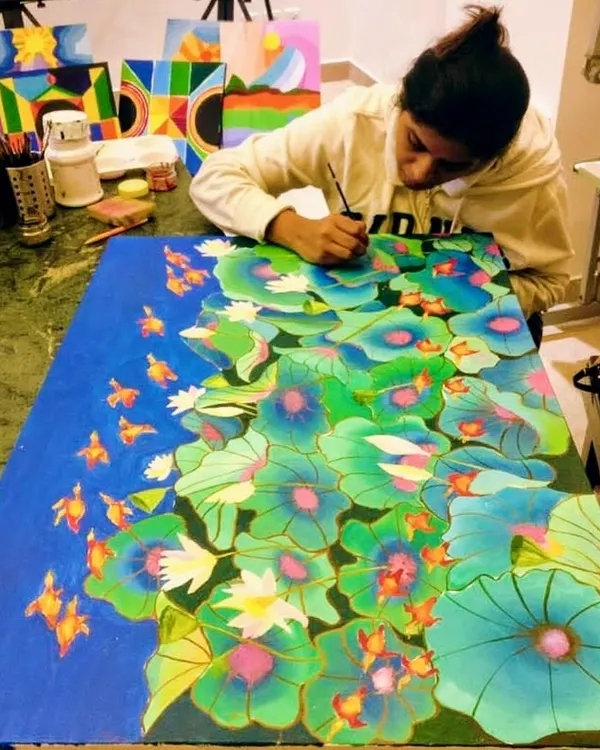 I am so excited to be restarting my adult art classes! This student is working on a large, beautiful lotus pond painting, showcasing the ambitious projects we can tackle together.
