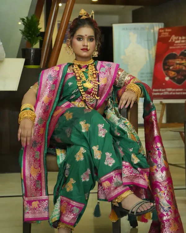 This is a complete Peshwai bridal look, a style I specialize in teaching and creating. From the intricate 'Chandrakor' bindi and traditional gold jewelry to the unique saree draping, every detail is crafted to reflect authentic Maharashtrian heritage for a bride's most important day.
