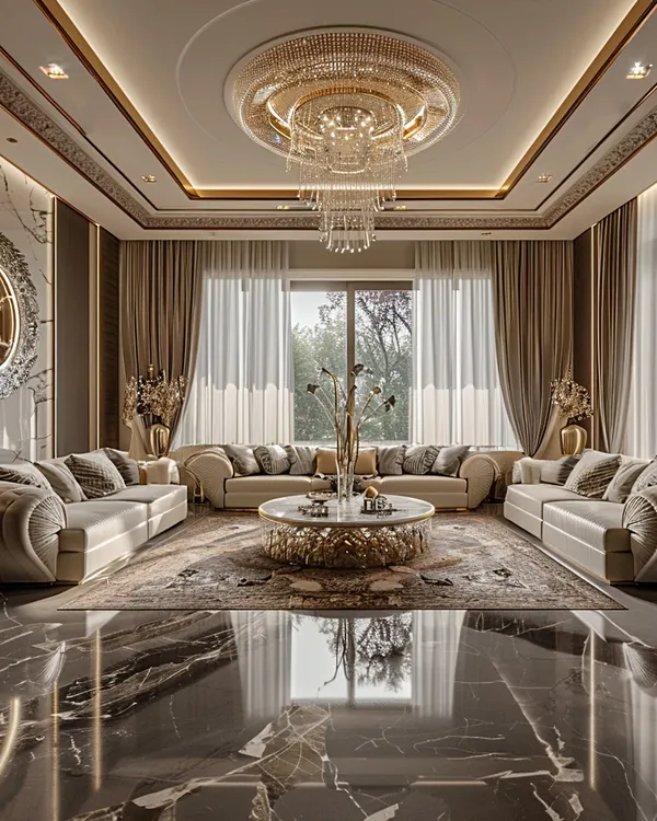 This residential lounge is the epitome of grandeur. The polished black marble floor reflects the light from the magnificent crystal chandelier, while the plush, curved sofas provide luxurious comfort. It's a space designed for elegant entertaining and sophisticated relaxation.