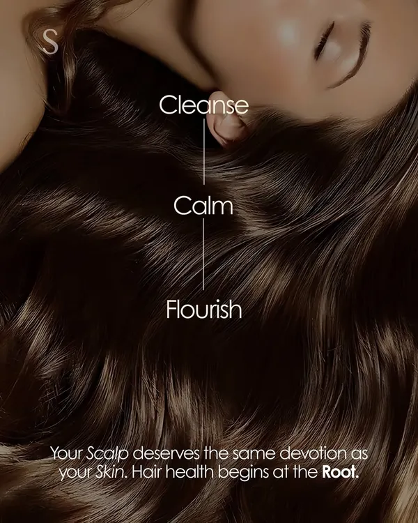 Our process is simple yet profound: cleanse, calm, and flourish. We believe your scalp deserves the same devotion as your skin, because true hair health always begins at the root.