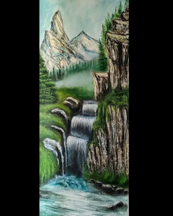 This large 7-foot textured mural was such a joy to create. I wanted to capture the feeling of a powerful mountain landscape, sculpting the rugged cliffs and flowing waterfall with putty and clay to give it a real 3D effect. It feels like you can almost hear the water... a little piece of nature for your home.