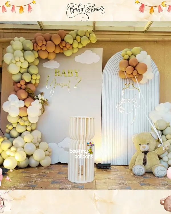 We were "beary" excited to set up this teddy bear themed baby shower. The earthy tones of the balloon arch, combined with a cute teddy bear prop, created a warm, cozy, and incredibly sweet atmosphere for the parents to be.