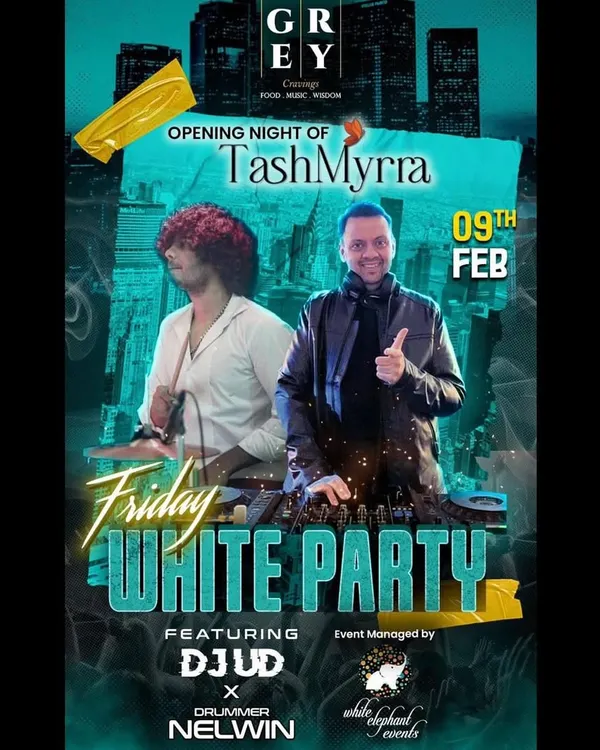The official poster for the "Friday White Party" where I performed alongside a live drummer. This shows how I can be featured as part of a special themed night.