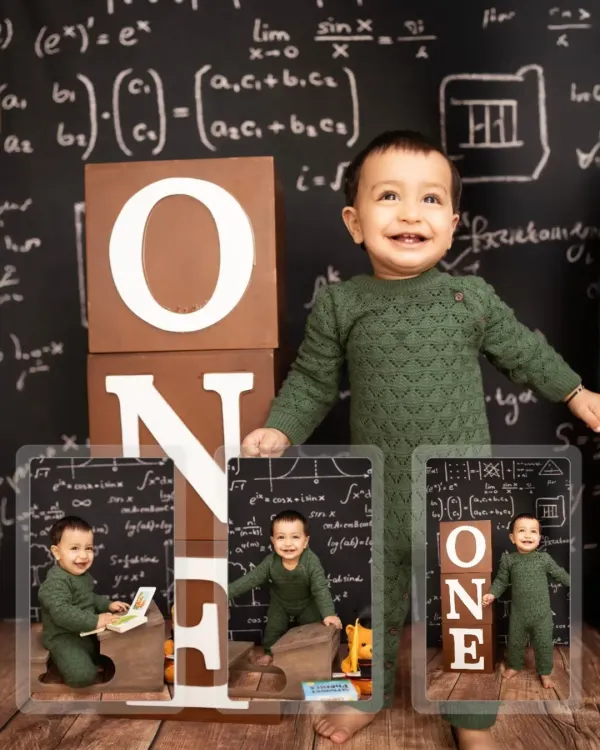 A collage celebrating a first birthday with a fun "little genius" theme, complete with a chalkboard of equations. We can create custom themes based on your ideas.