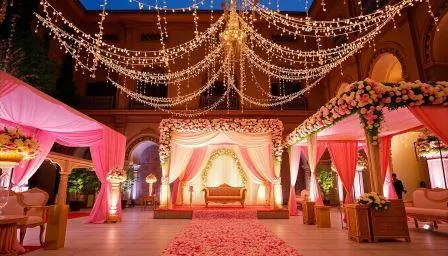 A classic royal wedding setup we created within the courtyard of a heritage palace. The decor features a soft pink color palette, a beautifully draped mandap, and a canopy of fairy lights, transforming the historic space into a fairytale wedding venue.