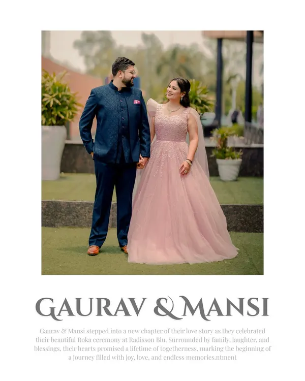 Gaurav and Mansi hold hands, marking the beginning of their journey at their Roka ceremony at Radisson Blu. Their coordinated outfits and gentle smiles reflect the promise of a beautiful life together.