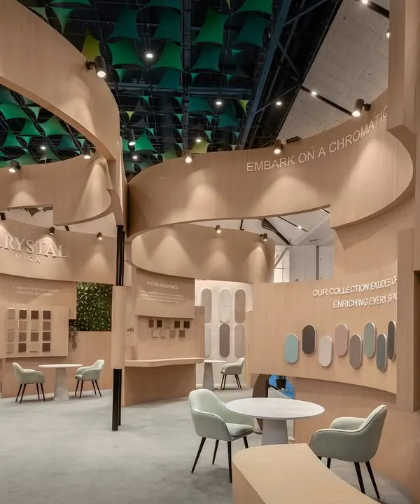 For Safelam Laminates, we designed this 99 sq.m pavilion with curvilinear volumes that create an organic and refined visitor journey. The flowing wooden structures and strategic lighting guide guests through the space, inviting exploration of the product displays.