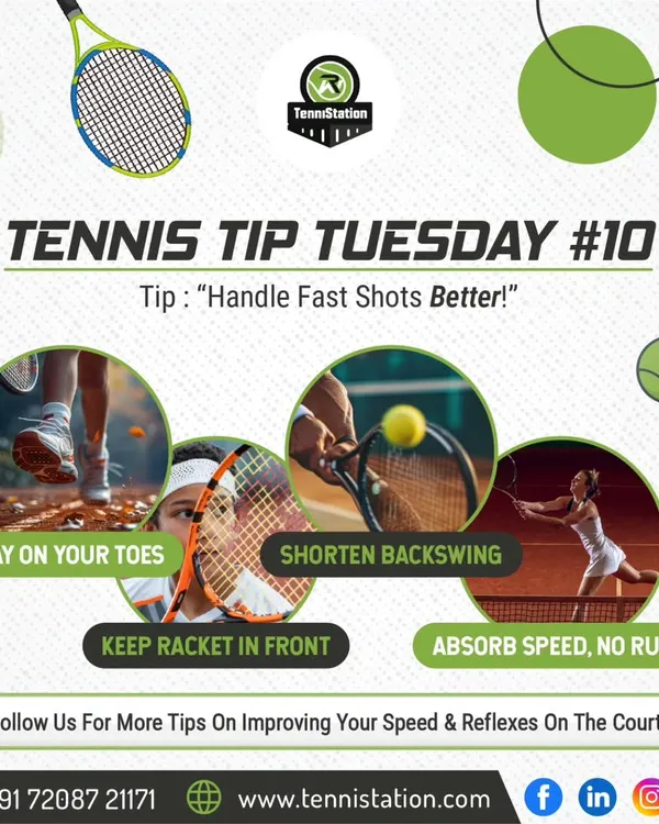 Tennis Tip: To handle fast shots better, stay on your toes, shorten your backswing, and keep your racket in front. Focus on absorbing the ball's speed rather than fighting it.