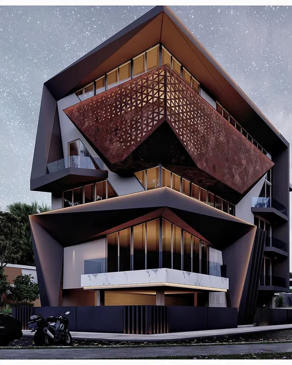 This conceptual residence features a dramatic, angular facade with a perforated corten steel screen. The design plays with geometric forms and contrasting materials to create a unique architectural masterpiece.