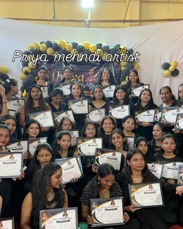 A wonderful group photo from our certification day. It fills my heart with joy to see so many students ready to start their professional journey. This certificate is their first step towards building a successful career as a mehndi artist.