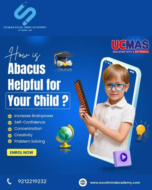 This graphic explains how Abacus is helpful for your child. It increases brainpower, self-confidence, concentration, creativity, and problem-solving skills, offering an education with a difference.