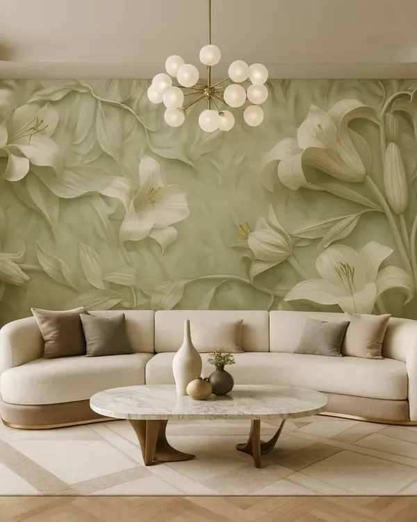 A beautiful living room featuring a 5D mural of white lilies against a soft green background. The embossed texture adds a realistic depth, making the flowers appear to bloom right off the wall.