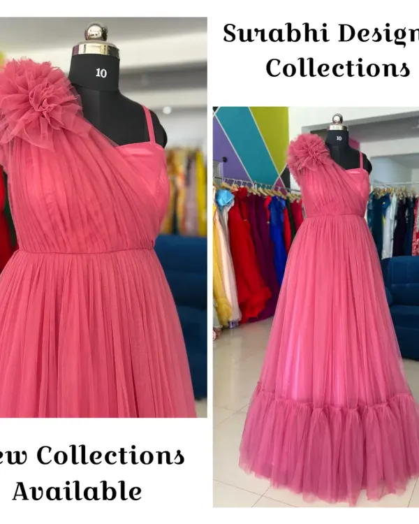 A new addition to my collection, this pink one-shoulder tulle gown features a large floral detail. It's a perfect rental for proms, parties, or photoshoots.