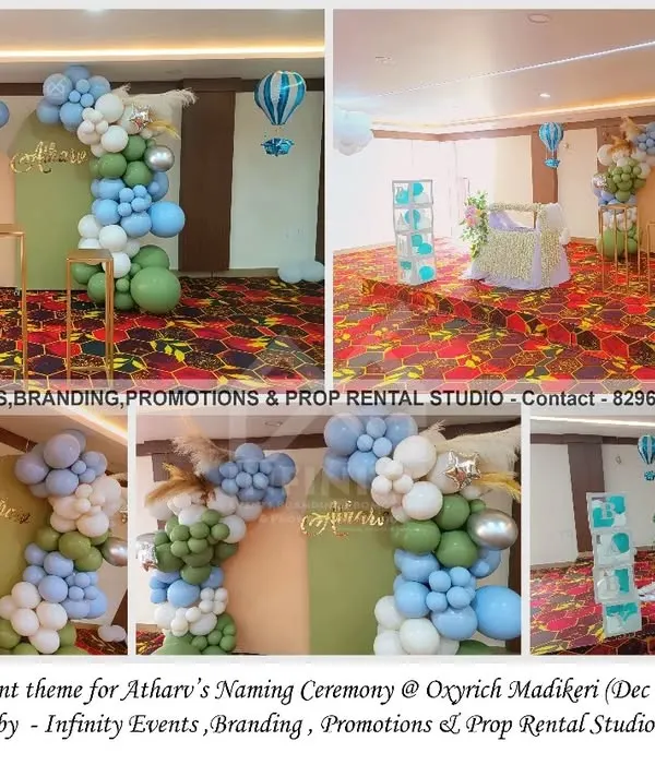 A simple and elegant theme for a naming ceremony in Madikeri. This outstation event featured a semi-arch backdrop with a beautiful organic balloon garland in shades of green, blue, and white, creating a serene and celebratory atmosphere.