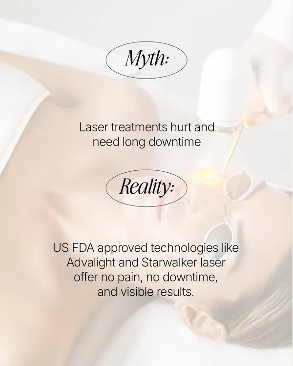 Myth: Laser treatments hurt and need long downtime. Reality: My US FDA-approved technologies like the Advalight (ADVATx) and Starwalker lasers offer comfortable, no-pain treatments with zero downtime and visible results.
