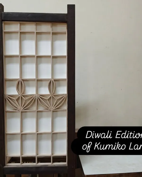 A special Diwali edition Kumiko lamp panel in progress. I adapted the traditional Asanoha pattern with curved elements to create the shapes of festive diyas, blending Japanese craft with Indian celebration.