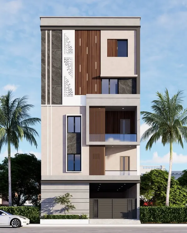 This is a 3D visualization of a modern residential building I designed. My process starts with creating a detailed architectural plan that captures your vision, focusing on clean lines, a balanced mix of materials like wood and stone, and a strong street presence. This way, you know exactly what your dream home will look like.