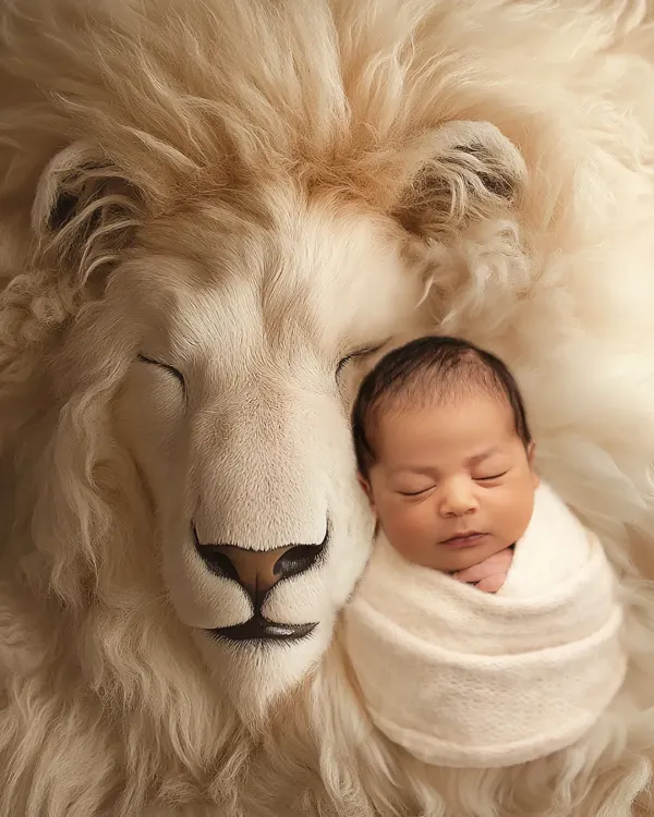 This is one of my favorite digital art pieces. I photograph your baby safely in my studio and then combine the image with a beautiful backdrop to create a true fantasy portrait, like this peaceful newborn resting with a gentle lion.