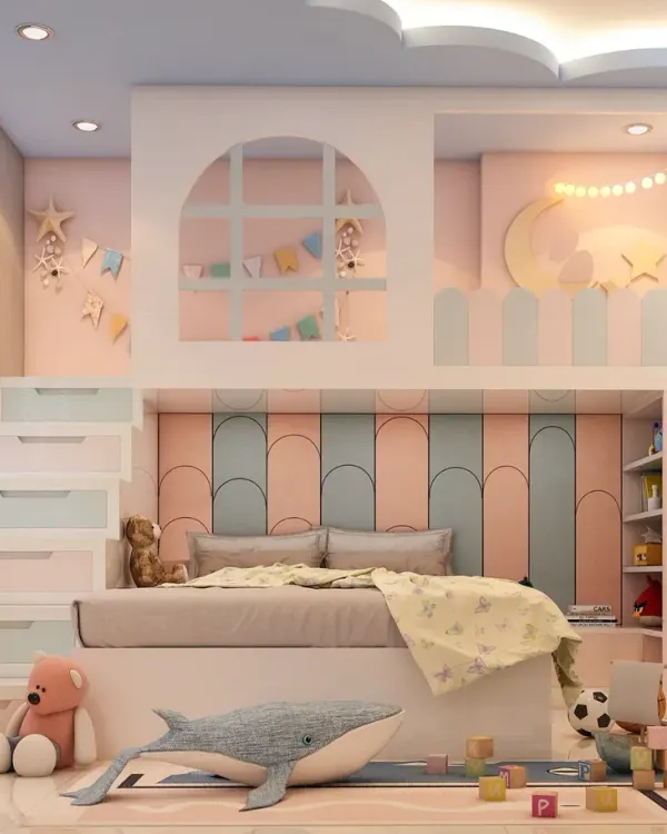 A dream room for any child, this design features a custom loft bed with a playful house-like structure. The integrated staircase doubles as storage drawers, making it a perfect example of our fun and practical kids' room solutions.