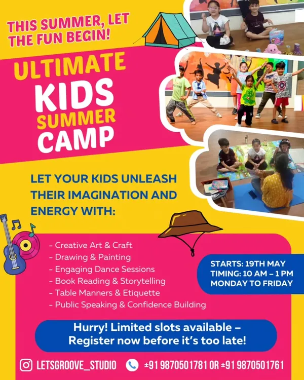 This flyer provides all the details for our Ultimate Kids Summer Camp. We offer a range of activities from creative art and dance to public speaking, ensuring a fun and productive summer for your child.