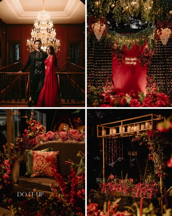 A collage capturing the drama and romance of a red-themed Sangeet. It shows the couple posing under a grand chandelier, the candle wall backdrop, and the lush floral seating I designed.